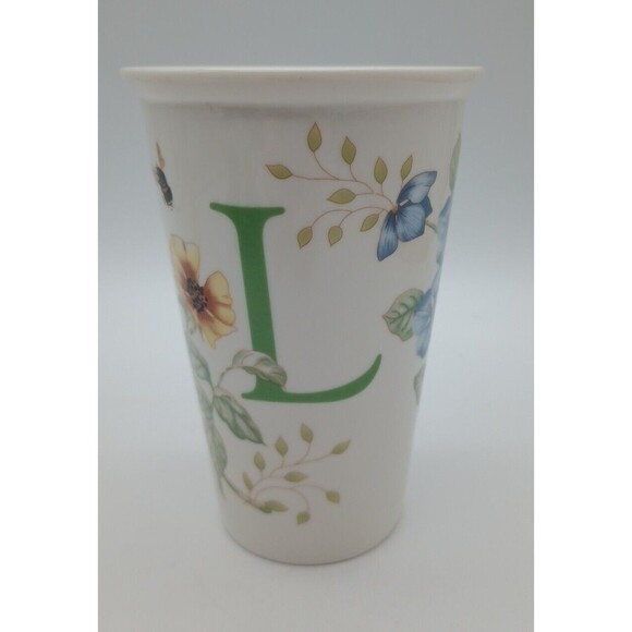 Lenox Butterfly Meadow Monogram L 5.25" Ceramic Travel Mug Botanical Bee NO LID - Picture 1 of 10